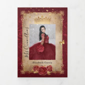 Burgundy and Gold Roos Elegant Photo Quinceanera Drieluik Uitnodiging (Cover)