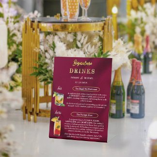 Burgundy and Gold Simple Wedding Signature Drinks Reclamebord Met Voetstuk