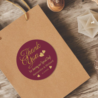 Burgundy And Gold Thank You Wedding Party Favor    Ronde Sticker