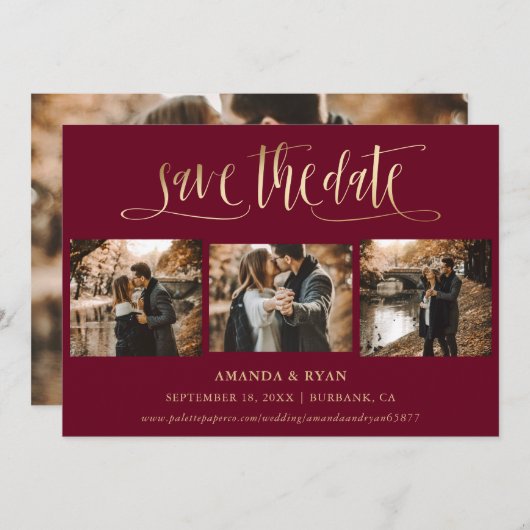 Burgundy and Gold Wedding 4 Foto Save the Date (Voorkant / Achterkant)
