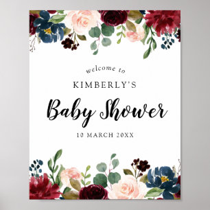 Burgundy and navy floral baby shower welkomstteken poster