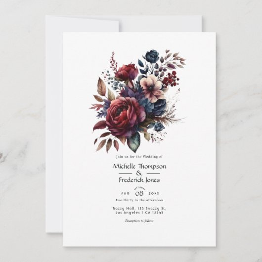 Burgundy and Navy Floral Wedding QR Code Uitnodigi Kaart (Voorkant)