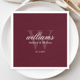 Burgundy and White Monogram Wedding Servet