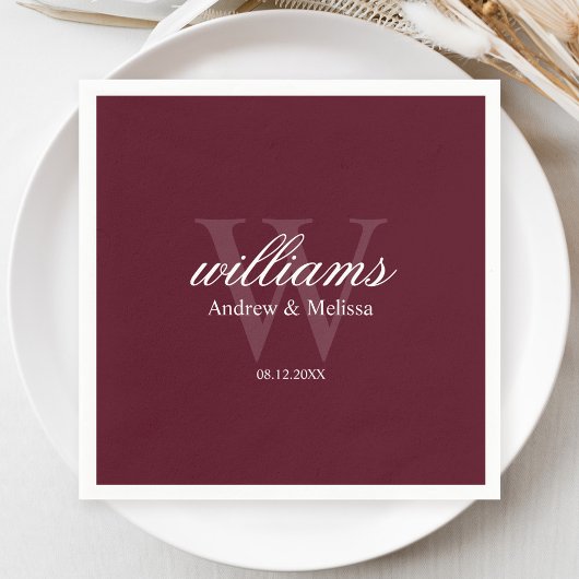 Burgundy and White Monogram Wedding Servet
