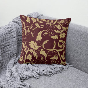 Burgundy Antiek Gold Retro Leaf Swirl Kussen