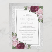 Burgundy Argent Blush Floral Wedding Invitations (Devant / Derrière)