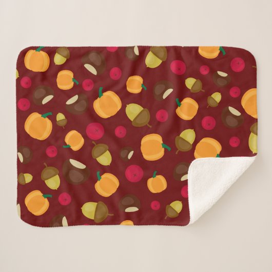 Burgundy Autumn Pumpkin Berries Chestnut Pattern Sherpa Deken (Voorkant (horizontaal))