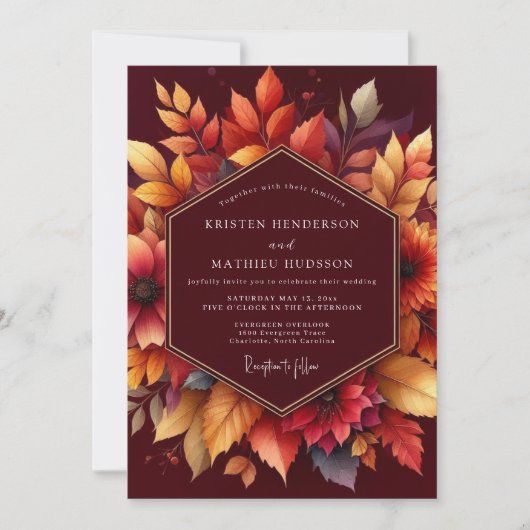 Burgundy Autumnal Floral Romance Wedding Kaart (Voorkant)
