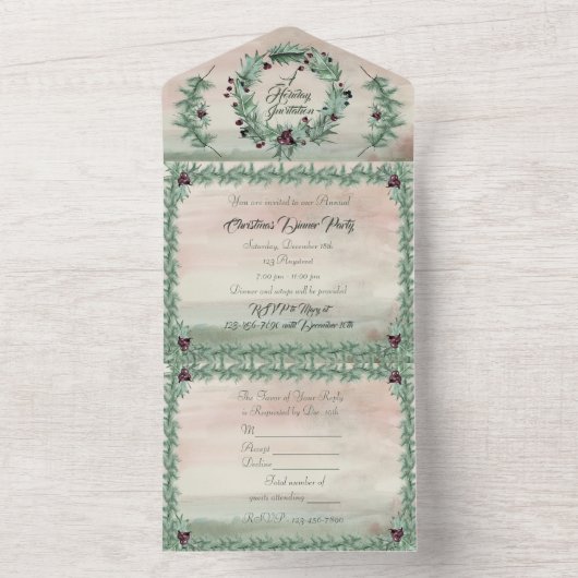 Burgundy Berry Holly Pine Kerstmis All In One Uitnodiging (Binnen)
