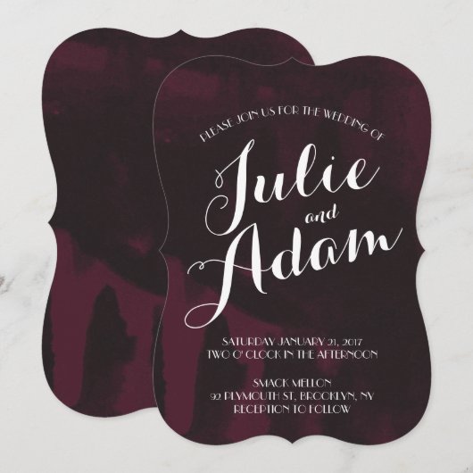 Burgundy & Black Waterverf Wedding Invitation Kaart (Voorkant / Achterkant)