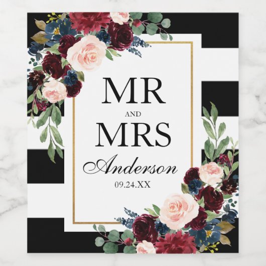 Burgundy Blauw Bloemig Zwart Wit Gestreept Wijn Etiket (Enkel label)