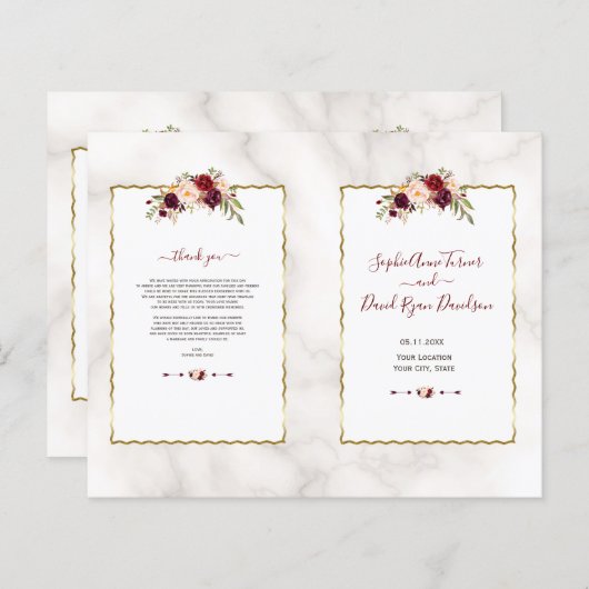 Burgundy Bloem Goud Marmer Calligrafie Programma (Voorkant / Achterkant)