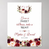 Burgundy Bloem Takken Love is Sweet Neem een hapje Poster (Voorkant)