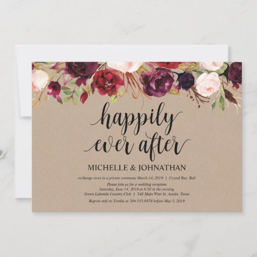 Burgundy Bloemen Elopement Ontvangst Kraft Uitnodi Kaart (Voorkant)
