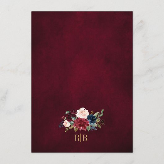 Burgundy Bloemen Goud Marineblauw Trouwdetails Enc Informatiekaartje (Achterkant)
