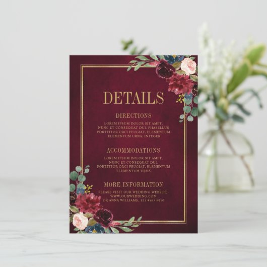 Burgundy Bloemen Goud Marineblauw Trouwdetails Enc Informatiekaartje (Staand voorkant)