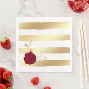 burgundy bloemen & gouden bladeren wit servet