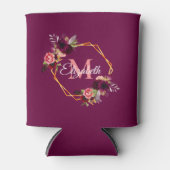 Burgundy bloemen gouden geometrische monogram blikjeskoeler (Voorkant)