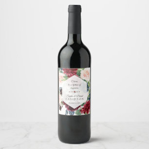 Burgundy Bloemen Zeshoekig Frame Bruiloft Wijn Etiket
