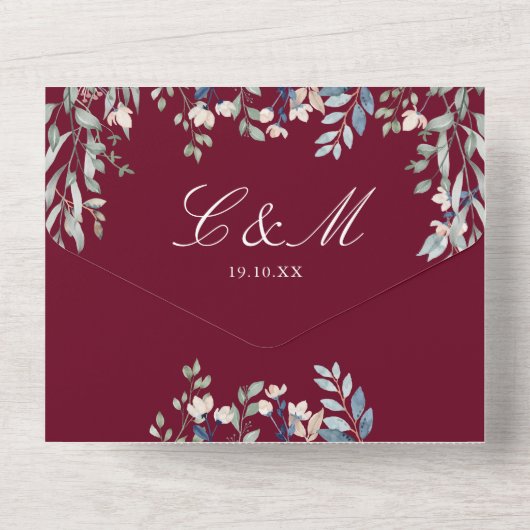 Burgundy Bloemengroen QR-code Trouwfeest All In One Uitnodiging (Achterkant)