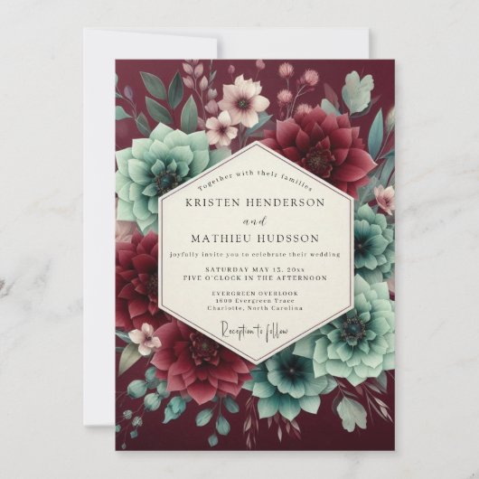 Burgundy Bloom Assemblage Bruiloft Kaart (Voorkant)