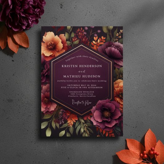 Burgundy Bloom Autumn Wedding Kaart