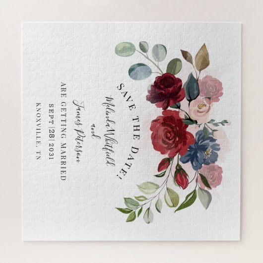 Burgundy Bloom Rustic Floral redt de datum Legpuzzel (Horizontaal)