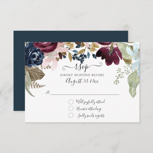 Burgundy Blozen Bloem Navy Elegante Trouw Foliage RSVP Kaartje (Voorkant / Achterkant)