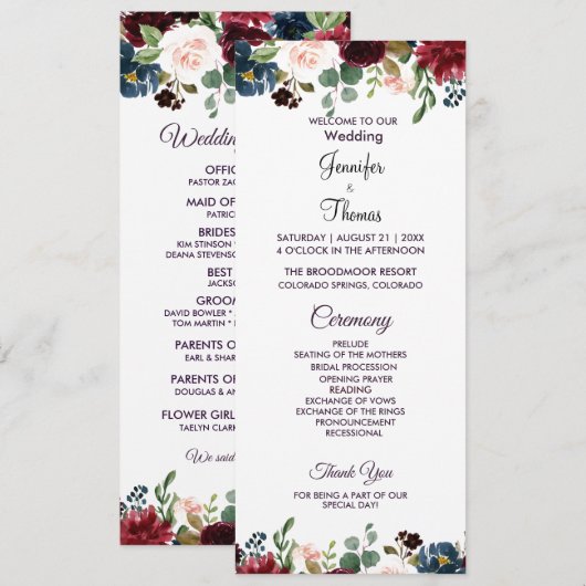 Burgundy & Blue English Flowers Wedding Programma (Voorkant / Achterkant)