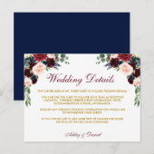 Burgundy Blue Floral Fold Wedding Details Kaart (Voorkant / Achterkant)