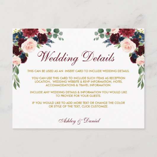 Burgundy Blue Floral Fold Wedding Details Kaart (Voorkant)