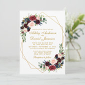 Burgundy Blue Floral Geometric Gold Wedding Kaart (Staand voorkant)