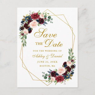Burgundy Blue Floral Gold Lijst Save the Date Aankondigingskaart
