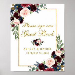 Burgundy Blue Floral Gold Mariage Livre d'or