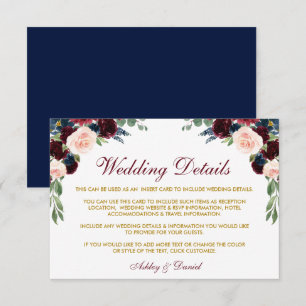 Burgundy Blue Floral Gold Wedding Details Invoegen Informatiekaartje