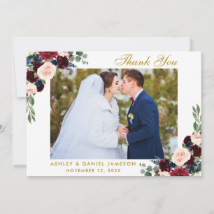 Burgundy Blue Floral Gold Weduwfoto B Bedankkaart