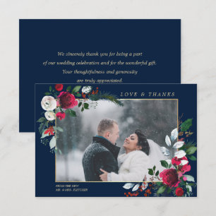 Burgundy Blue Floral Mariage Photo Carte de remerc
