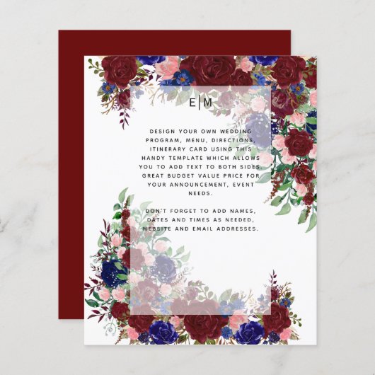 Burgundy Blue Floral Programme Menu Détails Insert (Devant / Derrière)