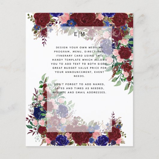 Burgundy Blue Floral Programme Menu Détails Insert (Devant)