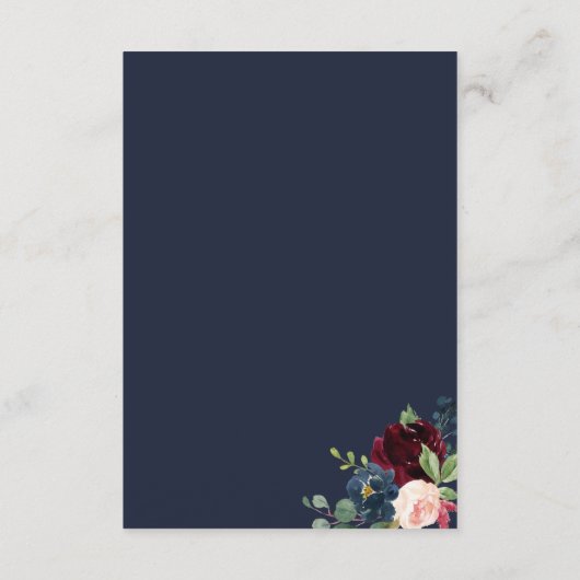 Burgundy Blue Floral Script Weddenschap Details Informatiekaartje (Achterkant)
