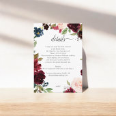 Burgundy Blue Floral Script Weddenschap Details Informatiekaartje