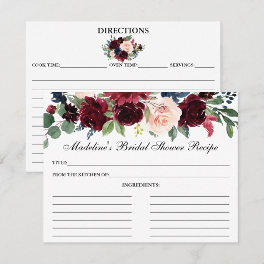 Burgundy Blue Floral Vrijgezellenfeest Recipe Kaar Advieskaart (Voorkant / Achterkant)