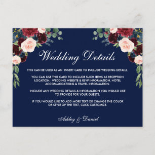 Burgundy Blue Floral Wedding Details Kaart invoege