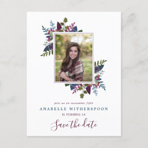 Burgundy Blue Leaves Sweet 16 Foto Save the Date Aankondigingskaart