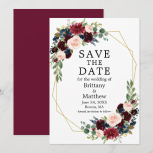 Burgundy Blue Waterverf Floral Gold Geo Lijst Save The Date