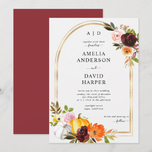 Burgundy Blush Autumn Floral Pumpkin Wedding Kaart