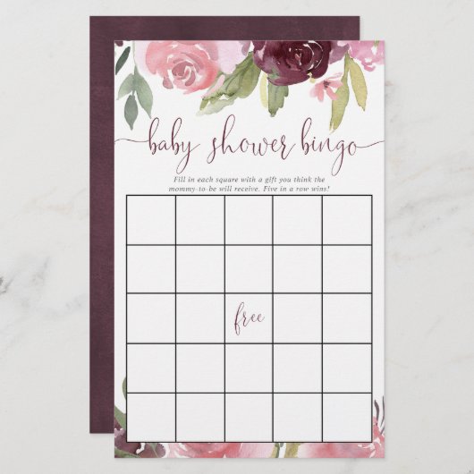 Burgundy blush baby shower bingo's (Voorkant / Achterkant)