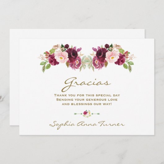 Burgundy Blush Bloem Spaanse Gracias Baby Shower Bedankkaart (Voorkant / Achterkant)