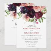 Burgundy & Blush Bloemen Bruiloft 2 Kaart (Voorkant / Achterkant)