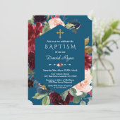 Burgundy Blush Bloemen Gouden Kruis Blauwe Doop Kaart (Staand voorkant)